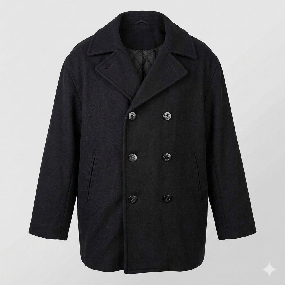 Claiborne Mens Black Wool Blend Double Breasted Pea Coat Jacket Size L Relaxed